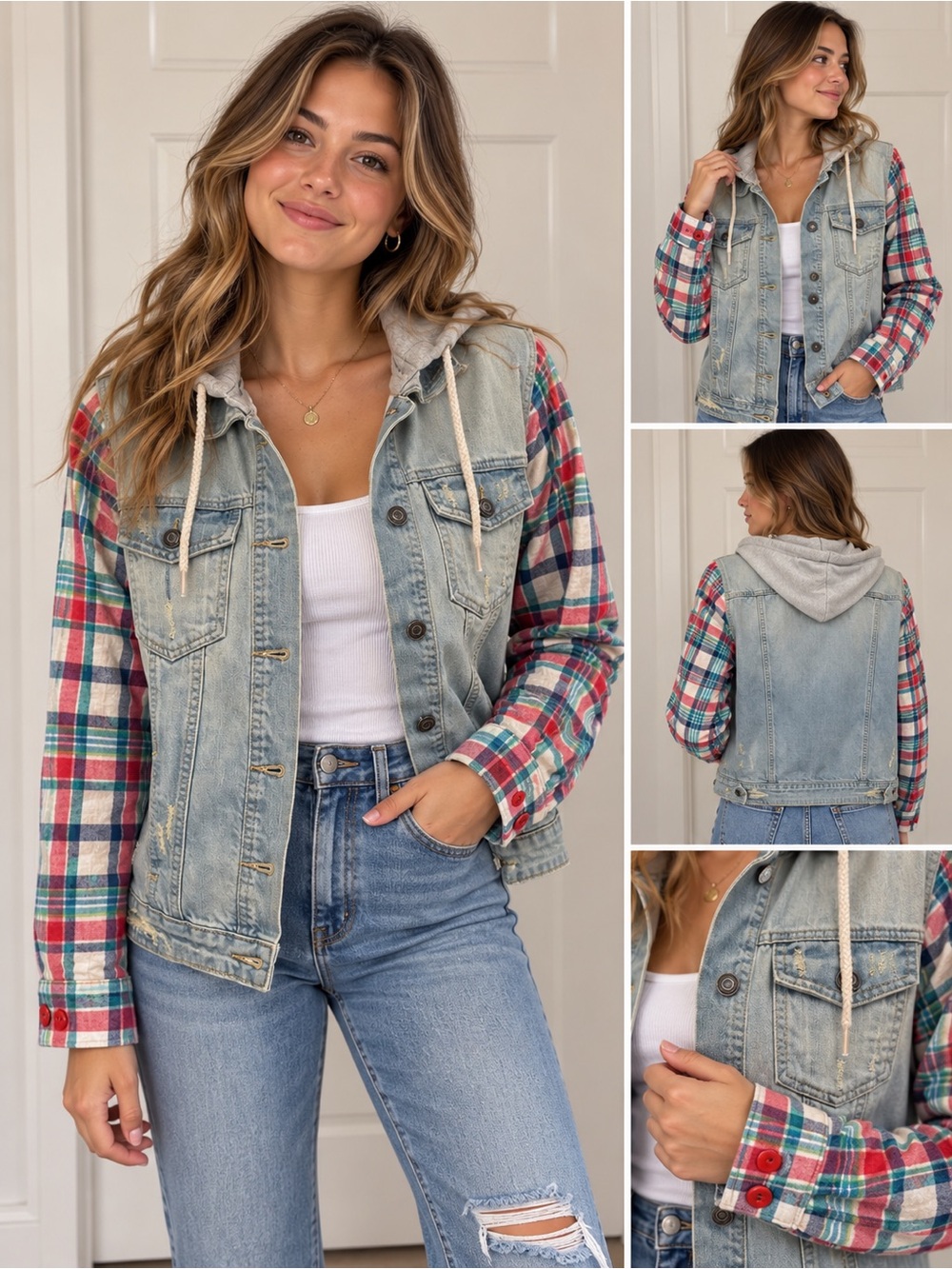 Jean and flannel jacket with hood